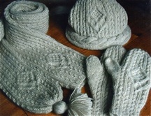 hat mittens and scarf with diamond shaped cables
